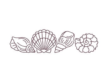 May include: A set of four seashells in a line. The shells are all different shapes and sizes. The shells are white and have a natural, organic texture.