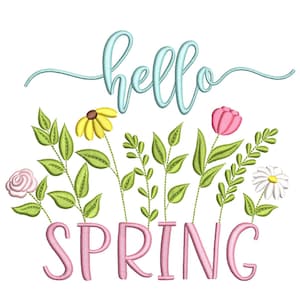 Hello Spring embroidery design, 3 sizes