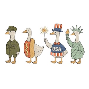 May include: Embroidered design featuring four geese dressed in patriotic attire. One goose wears a military uniform, another a hot dog costume, a third holds a sparkler and a USA shirt, and the last is dressed as the Statue of Liberty.