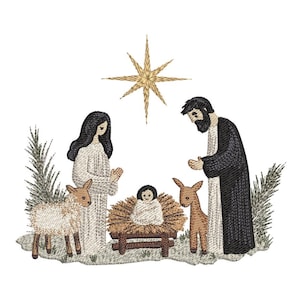 May include: Embroidered depiction of the Nativity scene, featuring Mary, Joseph, baby Jesus in a manger, a star, and animals. The figures are in white, black, and brown, with a gold star. The scene is set against a backdrop of evergreen branches.