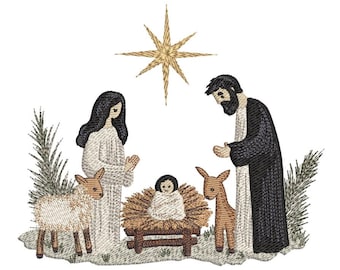 May include: Embroidered depiction of the Nativity scene, featuring Mary, Joseph, baby Jesus in a manger, a star, and animals. The figures are in white, black, and brown, with a gold star. The scene is set against a backdrop of evergreen branches.