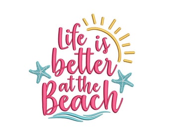 La vida es mejor en el diseño de bordado de la máquina de playa, bordado de olas de verano, archivo de bordado de sol, 3 tamaños, descarga instantánea