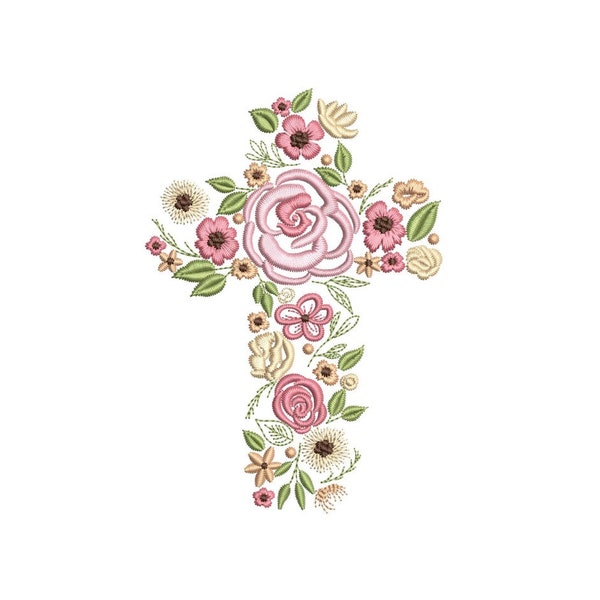 Floral cross embroidery design, Flower machine embroidery file, 3 sizes, Instant download