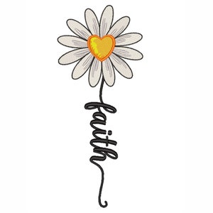 May include: A white daisy with a yellow heart in the center and the word "faith" written in a cursive script below it.