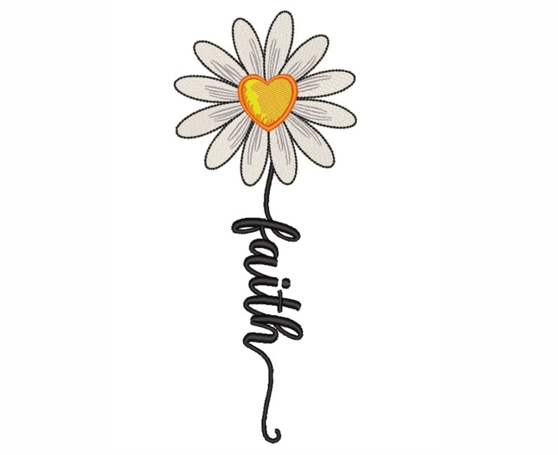 May include: A white daisy with a yellow heart in the center and the word "faith" written in a cursive script below it.