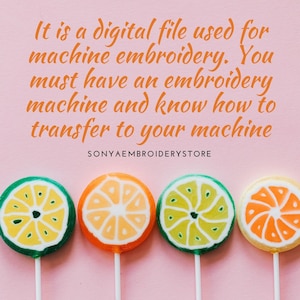 May include: A digital file used for machine embroidery. You must have an embroidery machine and know how to transfer to your machine. SONYAEMBROIDERYSTORE. The image shows four colorful lollipops on a pink background.