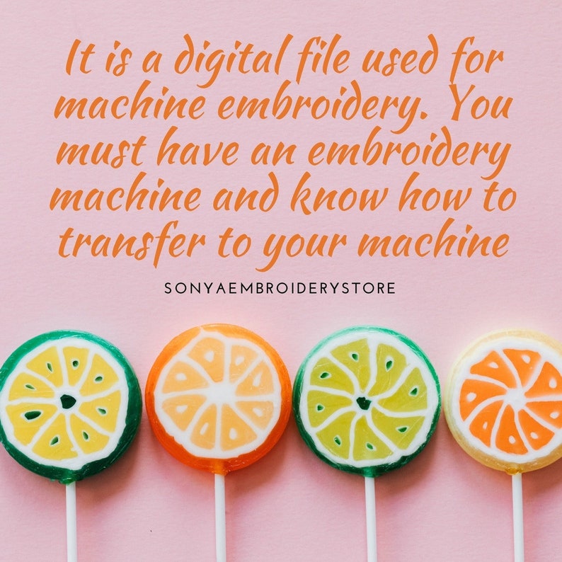 May include: A digital file used for machine embroidery. You must have an embroidery machine and know how to transfer to your machine. SONYAEMBROIDERYSTORE. The image shows four colorful lollipops on a pink background.