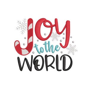 May include: Red and white candy cane with the words "Joy to the World" in black and blue lettering. The design is surrounded by snowflakes.