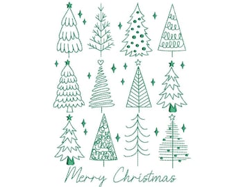 May include: A white background features a collection of green embroidered Christmas trees in various styles. The phrase "Merry Christmas" is written in green script at the bottom, with green star accents scattered throughout the design.