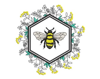 Pode incluir: Uma abelha preta e branca com listras amarelas está dentro de um hexágono com uma borda turquesa. O hexágono é cercado por uma coroa de flores pretas e brancas com centros amarelos.