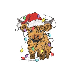 Christmas Highland Cow embroidery design, Merry Christmas machine embroidery design, 3 sizes, Instant download