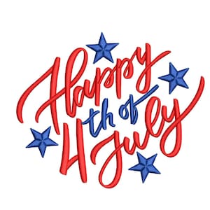 May include: Red and blue cursive text that reads "Happy 4th of July" with five blue stars surrounding the text.