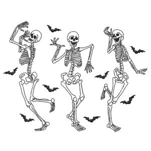 May include: A black and white embroidered design featuring three dancing skeletons and several bats. The skeletons are in various poses, with arms and legs outstretched, and the bats are scattered around them. The design is suitable for Halloween.