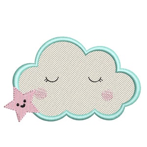 May include: A light blue cloud with a smiling pink star. The cloud has closed eyes and pink cheeks.