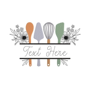 Puede incluir: Un diseño floral en blanco y negro con cuatro utensilios de cocina, incluyendo una cuchara de madera, una espátula, un batidor y una espátula verde. El texto "Text Here" se muestra debajo de los utensilios.