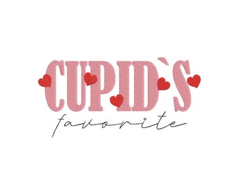 May include: A white background with the text "CUPID'S favorite" in pink, embroidered lettering. Red embroidered hearts are scattered around the text. The word "favorite" is written in a cursive font.