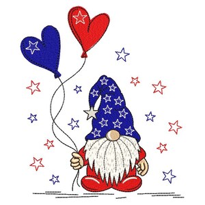 May include: A gnome wearing a blue and white star patterned hat holds red and blue heart-shaped balloons. The gnome is wearing a red and white outfit. There are white stars scattered around the gnome.