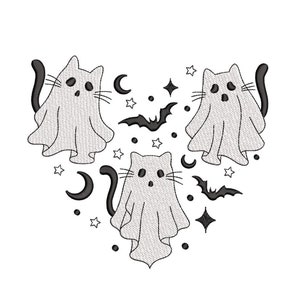 Cat Ghost Embroidery Design, Tree Halloween Ghost Cat Embroidery Design, Boo Ghost Kitten Embroidery, 4 sizes