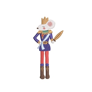 May include: Embroidered design of a mouse in royal attire. The mouse is wearing a gold crown, a blue and gold uniform, red legs, and brown boots. It holds a gold sword and has a white sash.