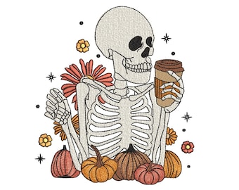 Skeleton Embroidery Design, Halloween Skeleton with Coffee Embroidery Design, 4 sizes