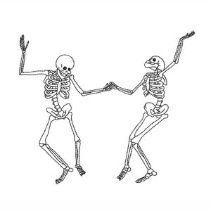 May include: A black and white line drawing of two skeletons dancing. They are holding hands and have their arms raised. The image depicts detailed skeletal structures, creating a lively and celebratory scene.