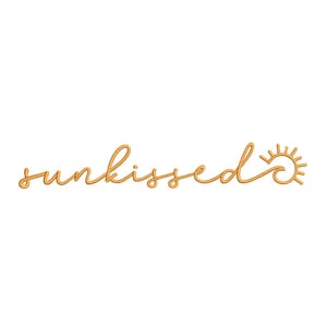 May include: A gold cursive word "sunkissed" with a stylised sun and wave design.