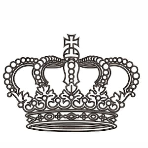 May include: A black and white line drawing of a crown with intricate details. The crown has a pointed top with a cross and a rounded base.