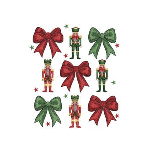 May include: A digital embroidery design featuring a pattern of red and green bows and nutcracker figures.