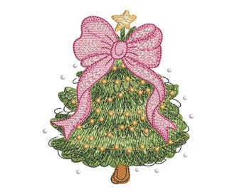 Christmas Tree with Bow Embroidery Design, 3 sizes, Instant download