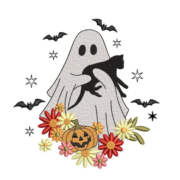 Floral Ghost met Cat Borduurontwerp, Halloween Borduurontwerp, 4 maten