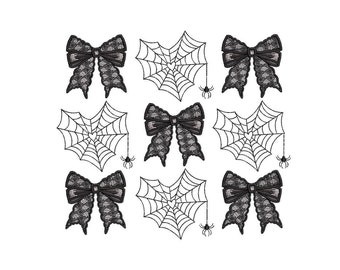 Halloween Coquette Bow Embroidery Design, Spiderweb Embroidery File, 4 sizes