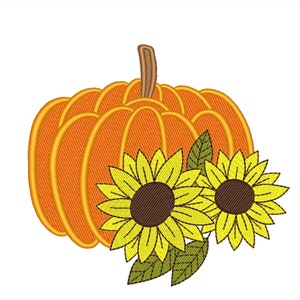 Pumpkin with Sunflower Embroidery Design Fall Floral Pattern for Shirts Towels or Decor Instant Download 4x4 5x7 6x10 PES DST JEF File