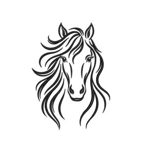 May include: A black and white machine embroidery design featuring the stylized line art of a horse head. The horse has a flowing mane, defined facial features, and long eyelashes, rendered in bold black outlines against a plain white background.