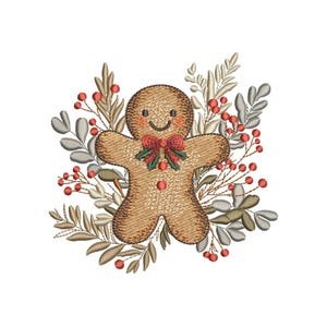 May include: Embroidered design of a gingerbread man with a red bow, surrounded by green and brown leaves and red berries.