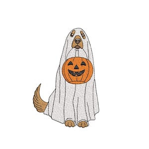 May include: An embroidered design of a dog dressed as a ghost, holding an orange jack-o'-lantern. The dog is covered in a white sheet with black stitching, and the pumpkin has a carved face. The dog's tail and paws are visible.