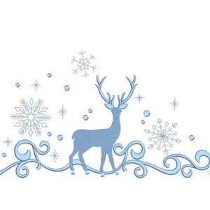 May include: A blue silhouette of a deer with antlers standing on a swirling blue design with snowflakes and dots.