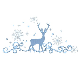 May include: A blue silhouette of a deer with antlers standing on a swirling blue design with snowflakes and dots.