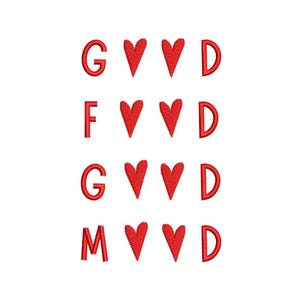 May include: White background with the word "GOOD" repeated four times, each spelled out with red embroidered letters and red heart symbols. The letters and hearts are evenly spaced and arranged in four rows.