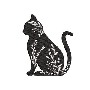 Floral Cat Embroidery Design, 5 sizes