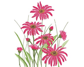 May include: A bouquet of pink daisies with green stems and leaves. The daisies have yellow centres and are arranged in a cluster.