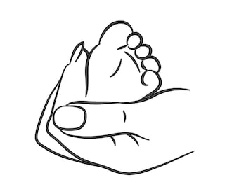 Woman hand holding a baby foot embroidery design, 5 sizes