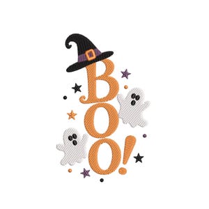 May include: An embroidery design featuring the orange text BOO with an exclamation point. A black witch hat with a purple band sits atop the letter B. Two white ghosts, several small black and purple stars, and small dots surround the text.