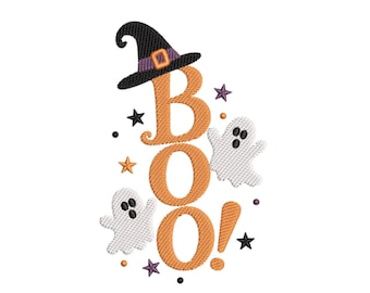 Boo Halloween Machine Embroidery Design, Witch Hat Ghosts, 4 Sizes, Digital Download