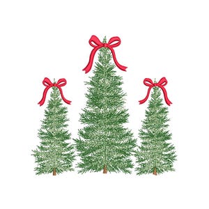 May include: Three green Christmas trees, each topped with a red bow, stand against a white backdrop. The trees vary in size, with the largest in the middle. A simple, festive design for the holiday season.