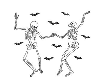 Diseño de bordado de esqueletos bailando, diseño de bordado de esqueleto de Halloween, 4 tamaños