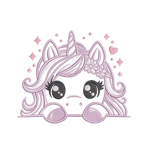 May include: A pink unicorn with a flower crown peeking over a white surface. The unicorn has large eyes and a small horn. The background is white with pink stars.
