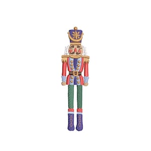 May include: Embroidered nutcracker figurine in red, blue, gold, and green. The figurine has a detailed design with a hat, jacket, and boots. The nutcracker is a festive holiday decoration.