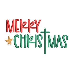May include: A festive design with the words "MERRY CHRISTMAS" in red and green, with a gold star. The text is in a playful, handwritten style, perfect for holiday decorations and crafts.
