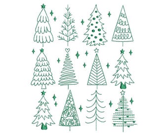 May include: A collection of green Christmas tree illustrations on a white background. The trees vary in style, from simple lines to detailed designs, and are adorned with stars and diamond-shaped accents. The overall theme is festive and seasonal.