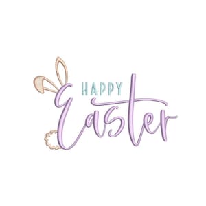 Puede incluir: Sobre un fondo blanco, la inscripción "Happy Easter" en fuente cursiva. La palabra "Happy" es azul claro, "Easter" es lavanda. Orejas y cola de conejo sugieren el tema de Pascua.